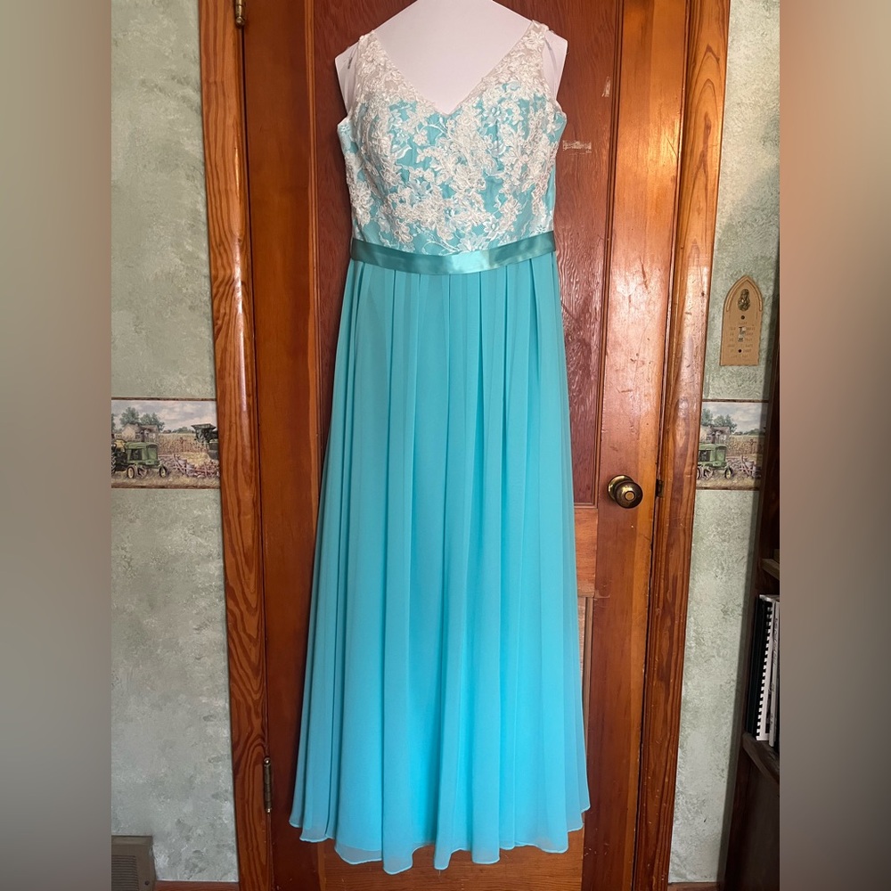 Light blue with white Lace floor length dress size 14